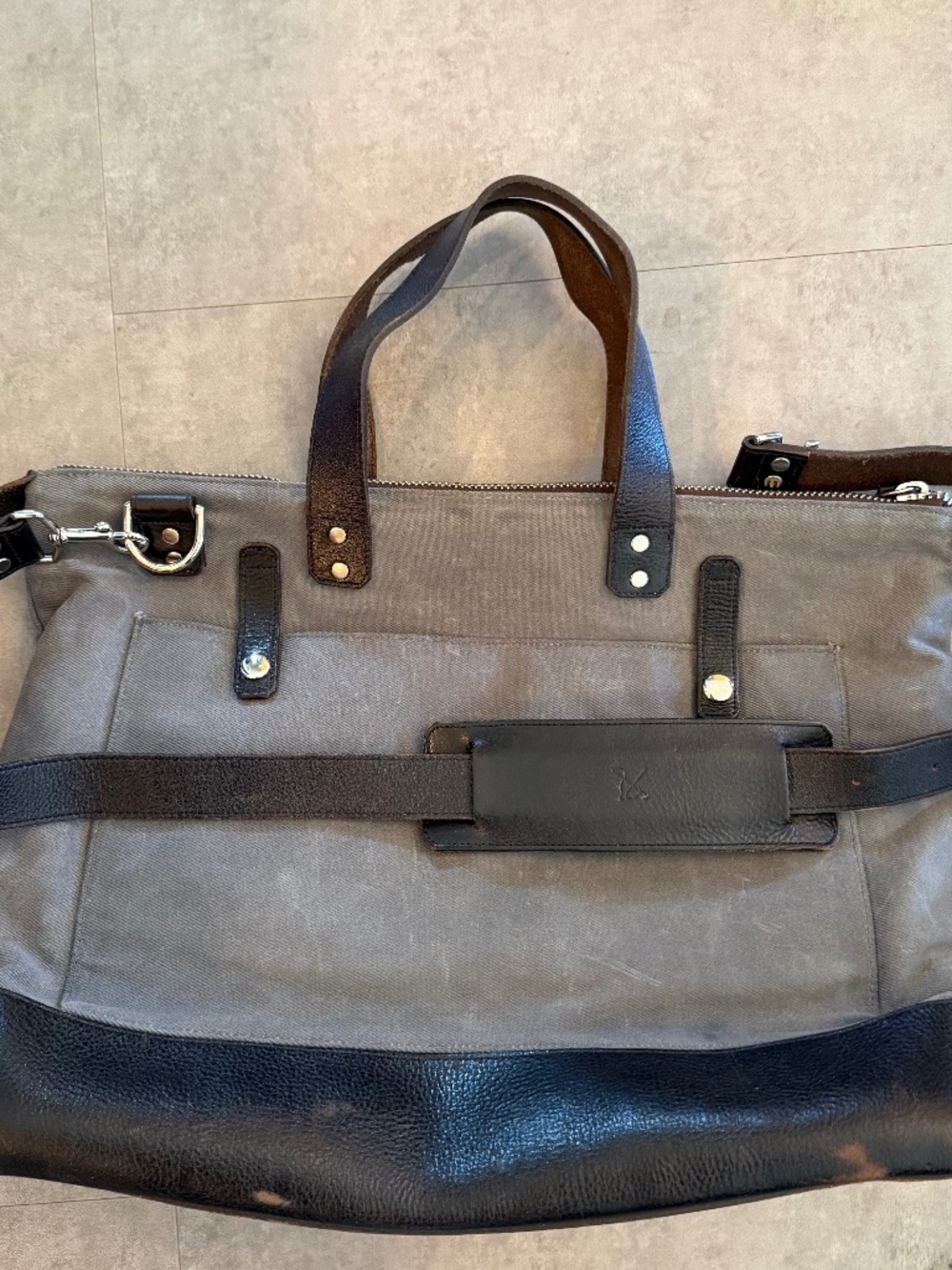 Ernest Alexander Varick gray twill canvas briefcase, dark brown leather